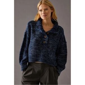 Anthropologie Pilcro Mega Henley Sweater Cropped Knit Blue Polo Women’s Size SP